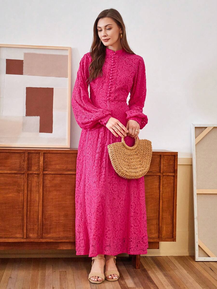 Anewsta Vestido Elegante de Manga Longa de Renda Bordô Máxi para Mulheres, Conjunto de Roupas Brancas de Primavera para Mulheres