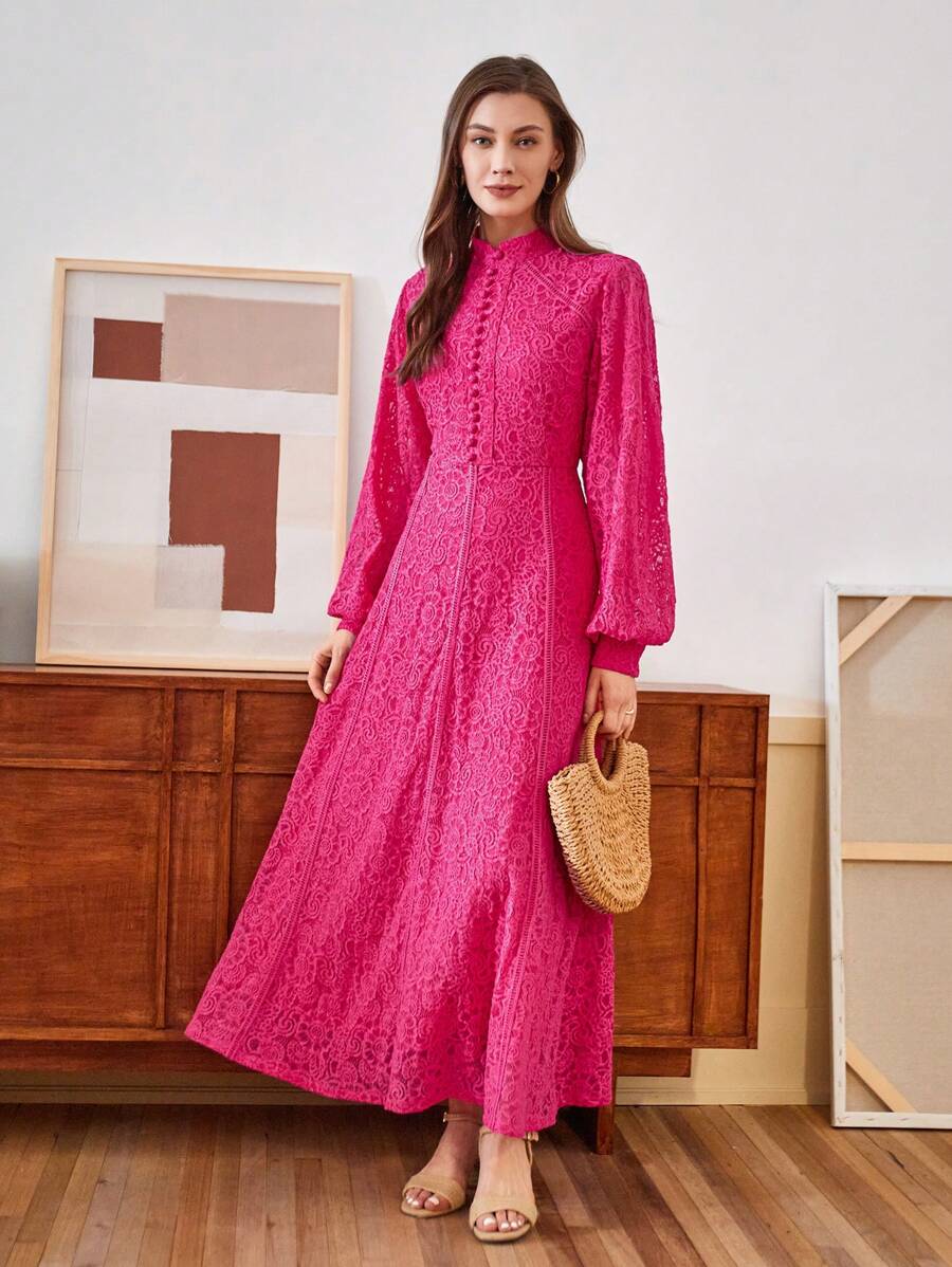 Anewsta Vestido Elegante de Manga Longa de Renda Bordô Máxi para Mulheres, Conjunto de Roupas Brancas de Primavera para Mulheres