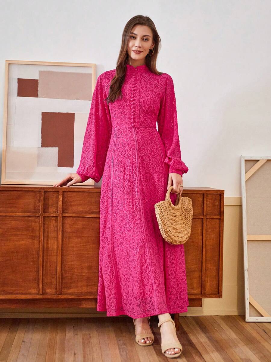 Anewsta Vestido Elegante de Manga Longa de Renda Bordô Máxi para Mulheres, Conjunto de Roupas Brancas de Primavera para Mulheres