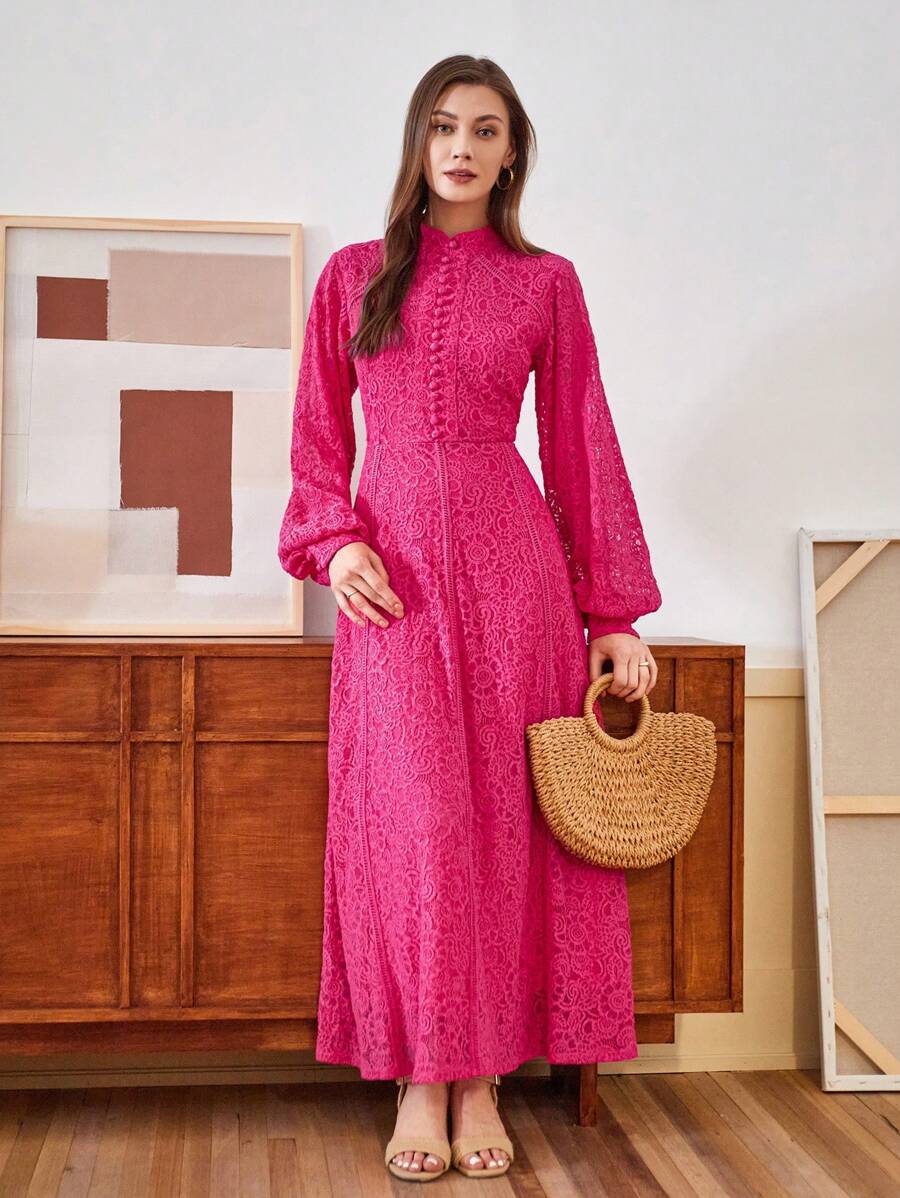 Anewsta Vestido Elegante de Manga Longa de Renda Bordô Máxi para Mulheres, Conjunto de Roupas Brancas de Primavera para Mulheres