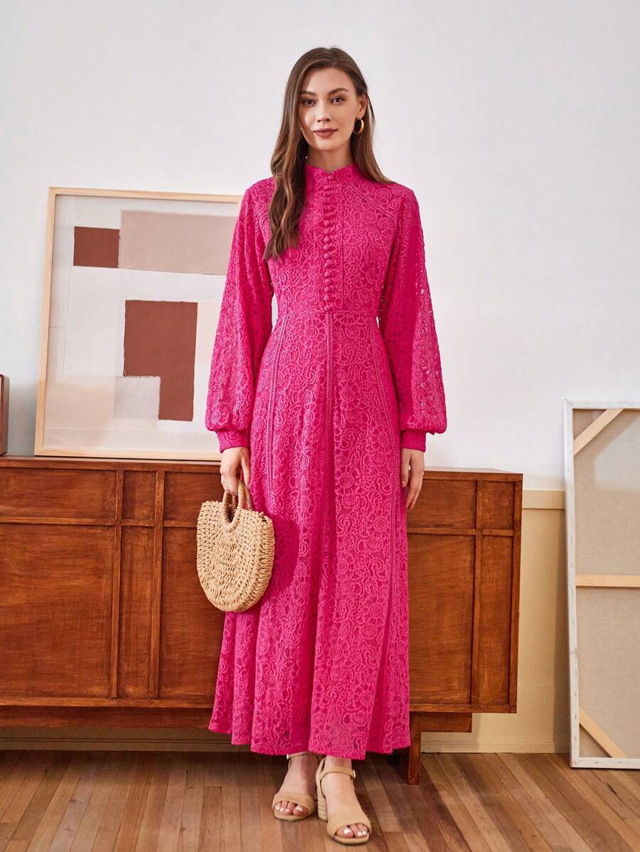 Anewsta Vestido Elegante de Manga Longa de Renda Bordô Máxi para Mulheres, Conjunto de Roupas Brancas de Primavera para Mulheres