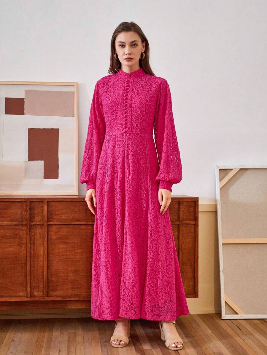 Anewsta Vestido Elegante de Manga Longa de Renda Bordô Máxi para Mulheres, Conjunto de Roupas Brancas de Primavera para Mulheres