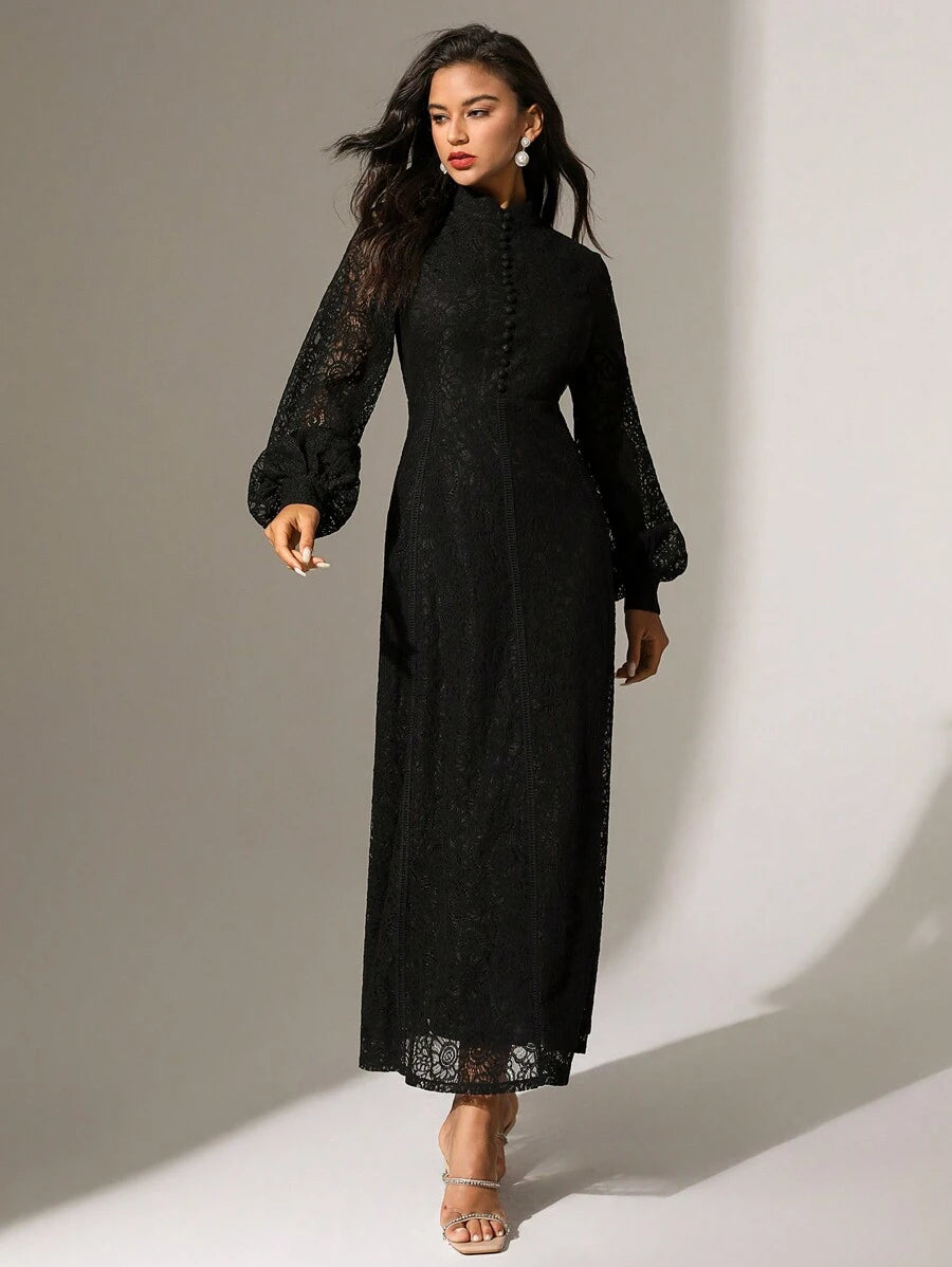 Anewsta Vestido Elegante de Manga Longa de Renda Bordô Máxi para Mulheres, Conjunto de Roupas Brancas de Primavera para Mulheres