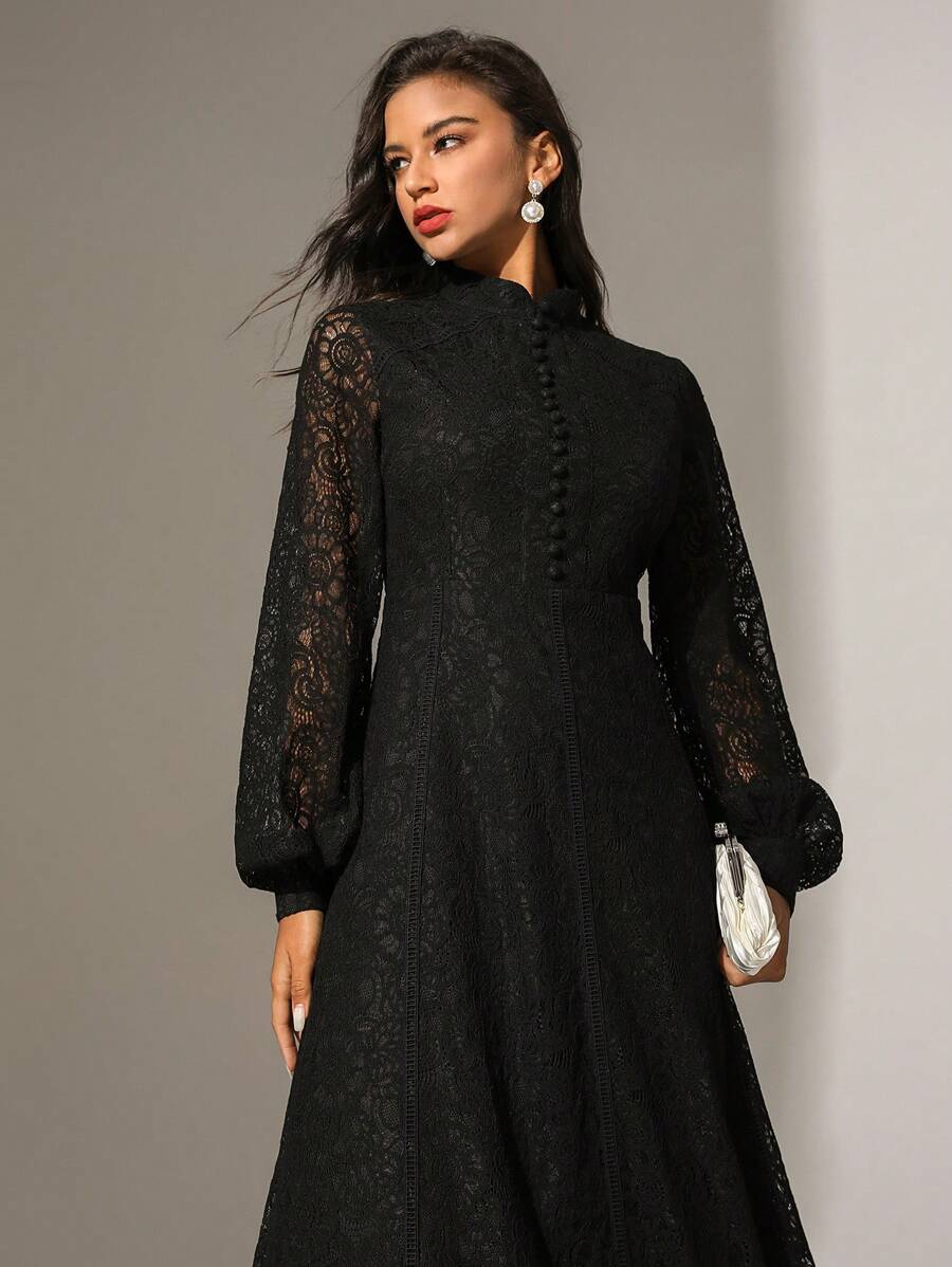 Anewsta Vestido Elegante de Manga Longa de Renda Bordô Máxi para Mulheres, Conjunto de Roupas Brancas de Primavera para Mulheres