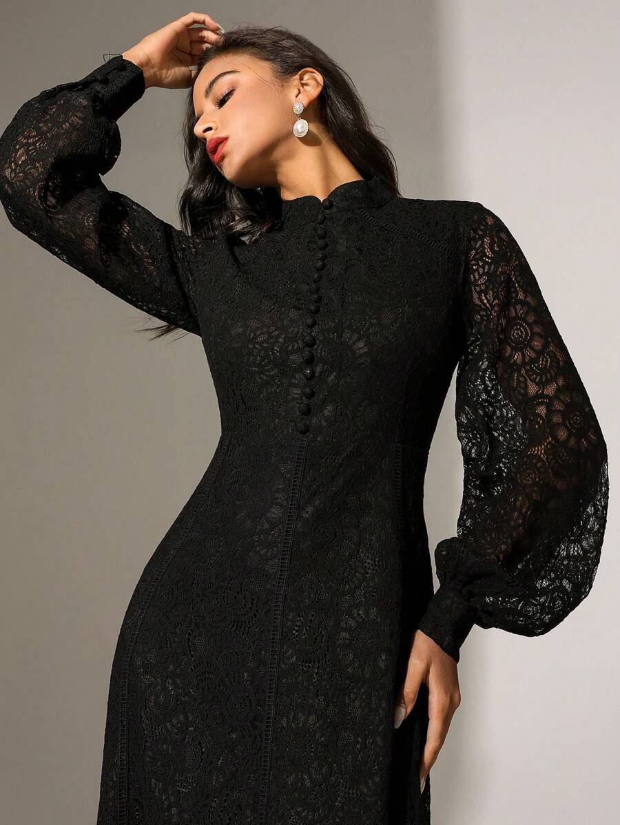 Anewsta Vestido Elegante de Manga Longa de Renda Bordô Máxi para Mulheres, Conjunto de Roupas Brancas de Primavera para Mulheres