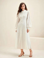 Anewsta Vestido Elegante de Manga Longa de Renda Bordô Máxi para Mulheres, Conjunto de Roupas Brancas de Primavera para Mulheres