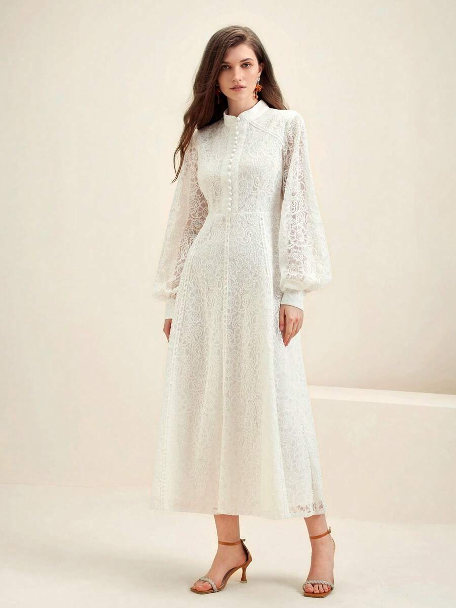 Anewsta Vestido Elegante de Manga Longa de Renda Bordô Máxi para Mulheres, Conjunto de Roupas Brancas de Primavera para Mulheres