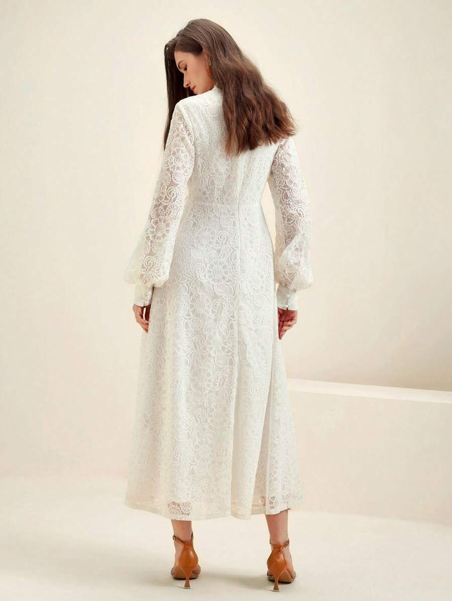 Anewsta Vestido Elegante de Manga Longa de Renda Bordô Máxi para Mulheres, Conjunto de Roupas Brancas de Primavera para Mulheres