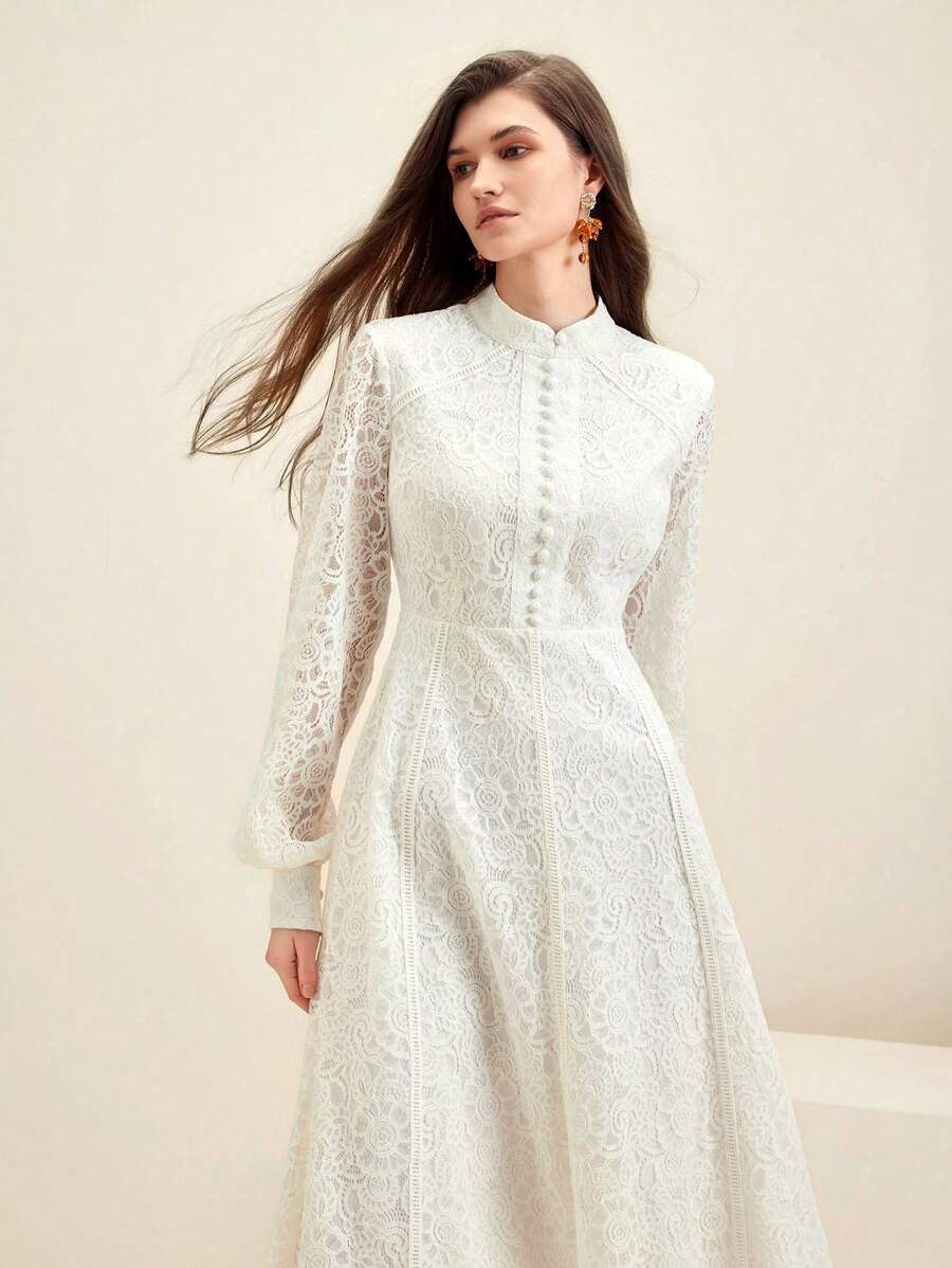 Anewsta Vestido Elegante de Manga Longa de Renda Bordô Máxi para Mulheres, Conjunto de Roupas Brancas de Primavera para Mulheres