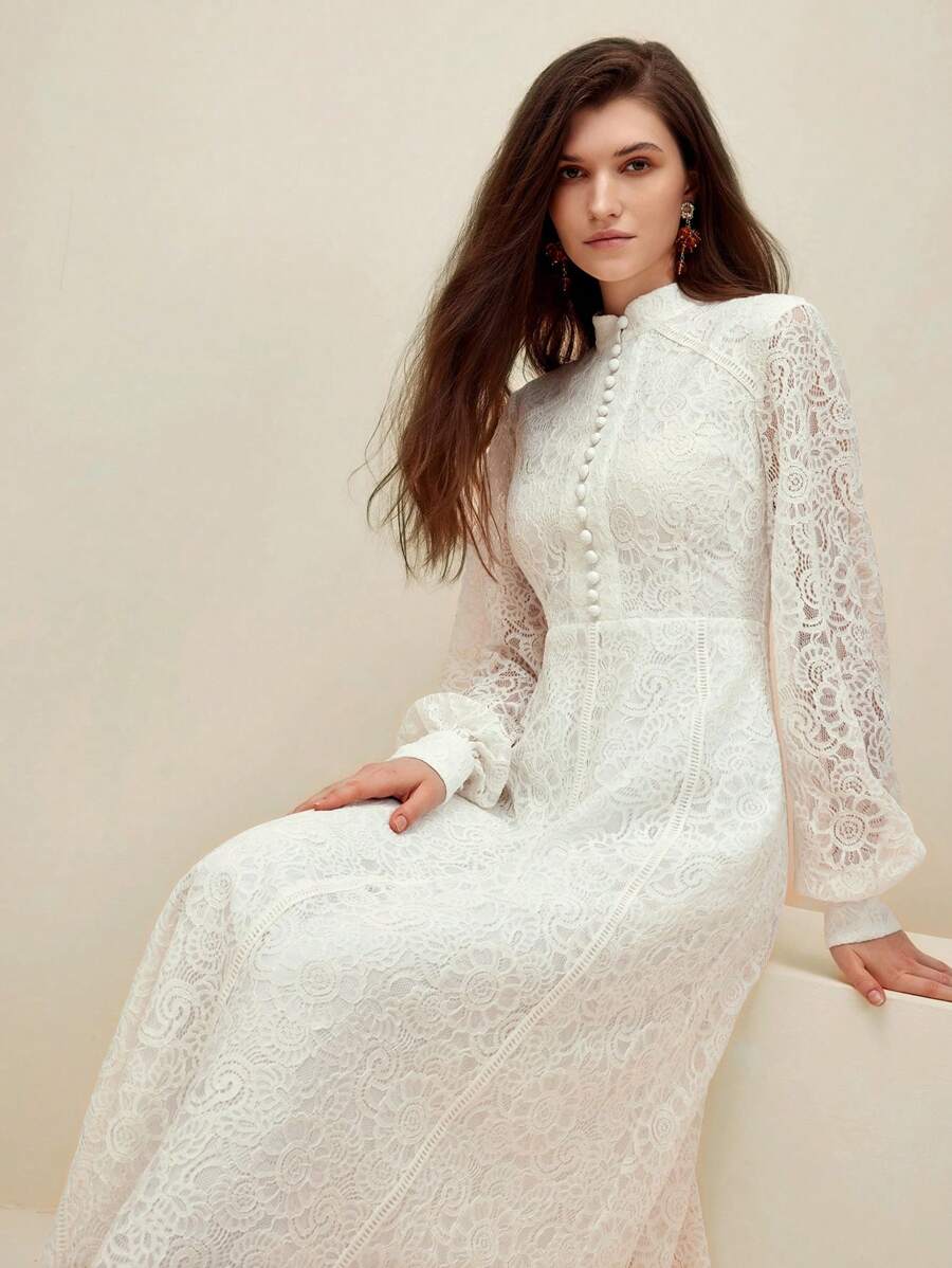 Anewsta Vestido Elegante de Manga Longa de Renda Bordô Máxi para Mulheres, Conjunto de Roupas Brancas de Primavera para Mulheres