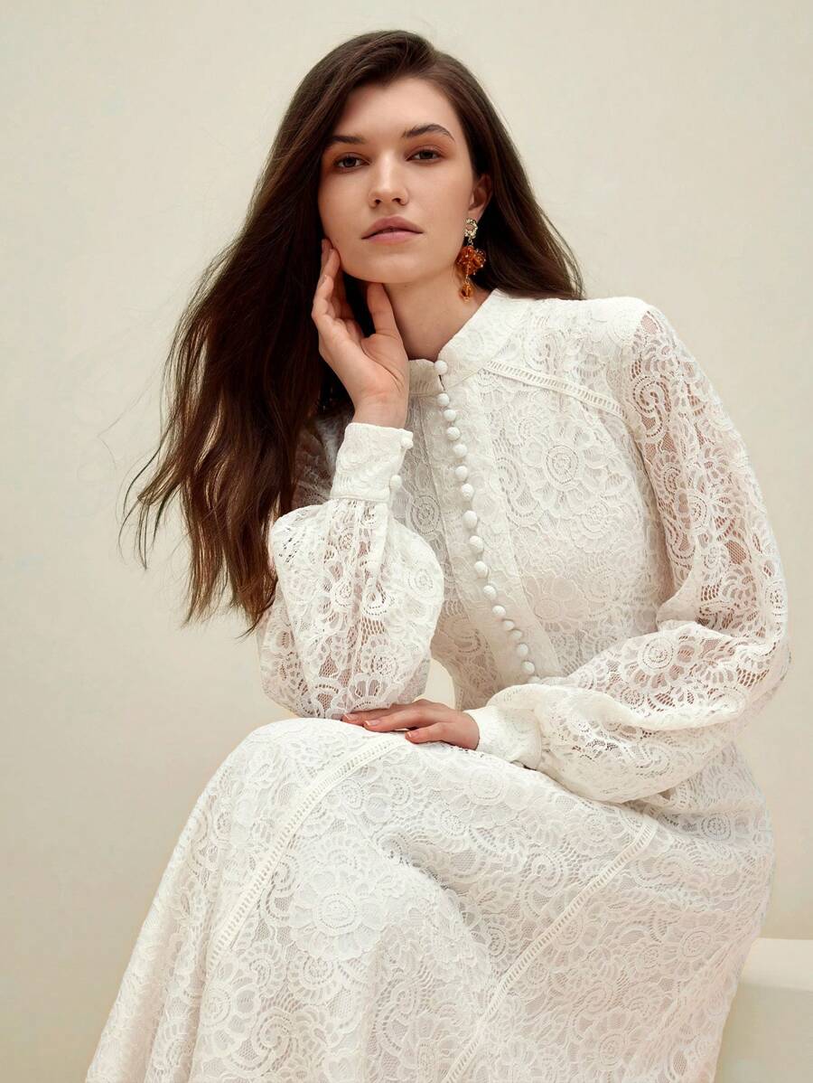Anewsta Vestido Elegante de Manga Longa de Renda Bordô Máxi para Mulheres, Conjunto de Roupas Brancas de Primavera para Mulheres