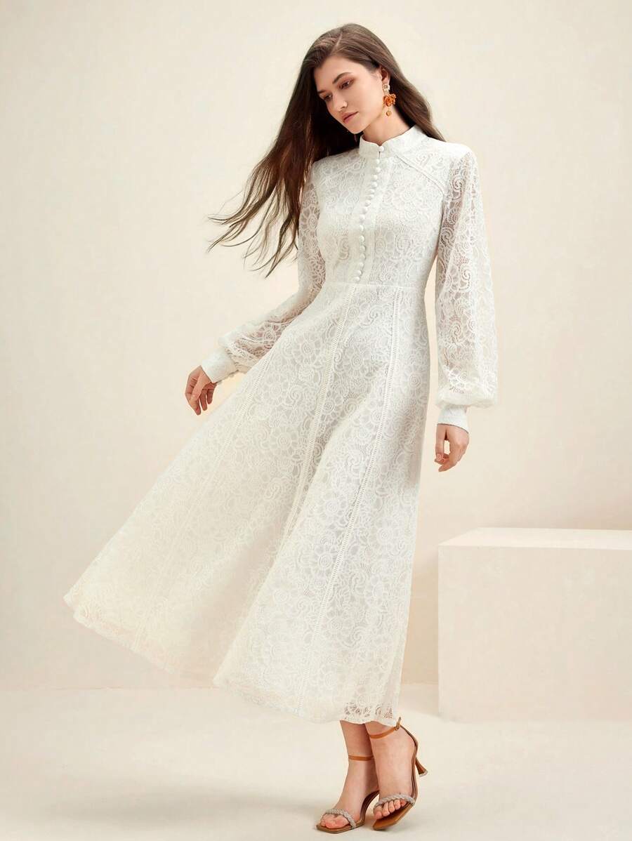 Anewsta Vestido Elegante de Manga Longa de Renda Bordô Máxi para Mulheres, Conjunto de Roupas Brancas de Primavera para Mulheres