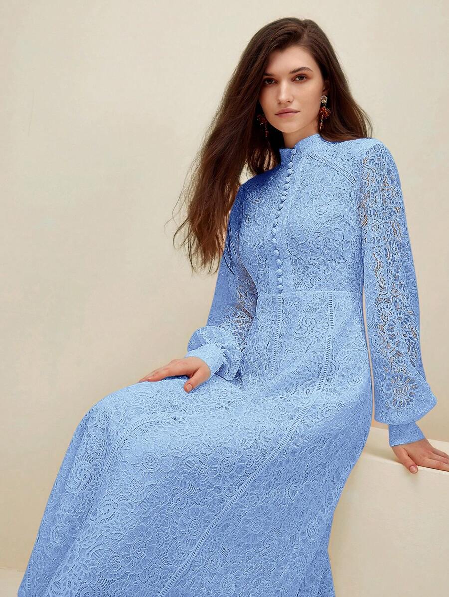 Anewsta Vestido Elegante de Manga Longa de Renda Bordô Máxi para Mulheres, Conjunto de Roupas Brancas de Primavera para Mulheres