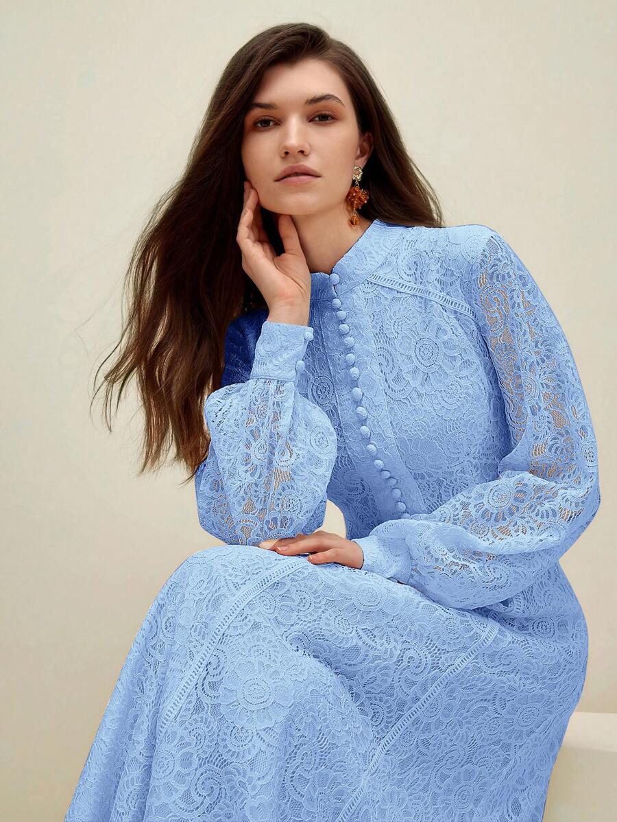 Anewsta Vestido Elegante de Manga Longa de Renda Bordô Máxi para Mulheres, Conjunto de Roupas Brancas de Primavera para Mulheres