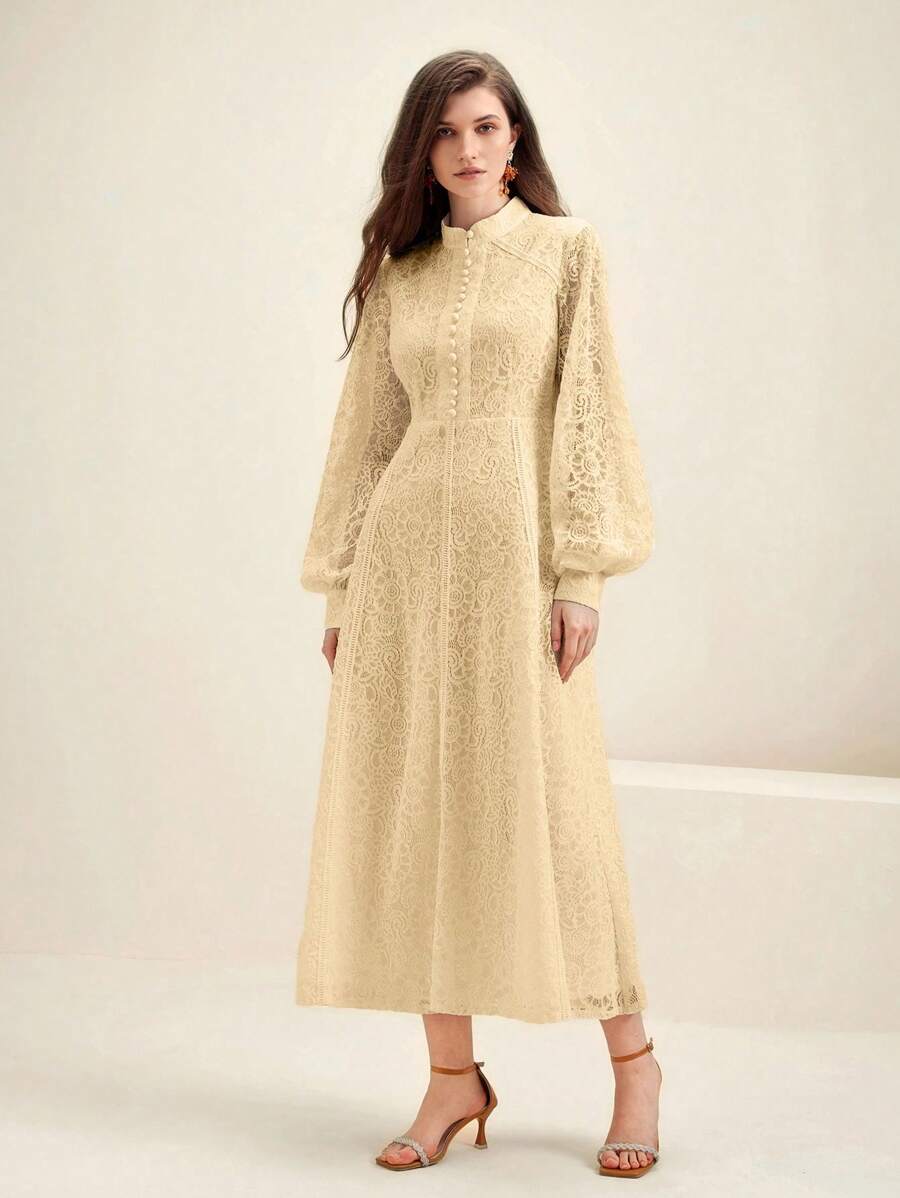 Anewsta Vestido Elegante de Manga Longa de Renda Bordô Máxi para Mulheres, Conjunto de Roupas Brancas de Primavera para Mulheres
