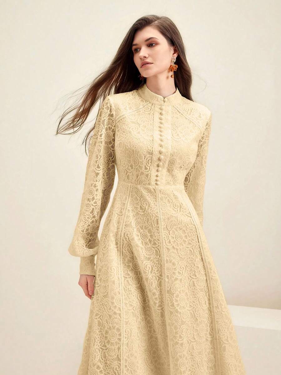 Anewsta Vestido Elegante de Manga Longa de Renda Bordô Máxi para Mulheres, Conjunto de Roupas Brancas de Primavera para Mulheres