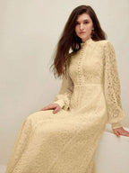 Anewsta Vestido Elegante de Manga Longa de Renda Bordô Máxi para Mulheres, Conjunto de Roupas Brancas de Primavera para Mulheres