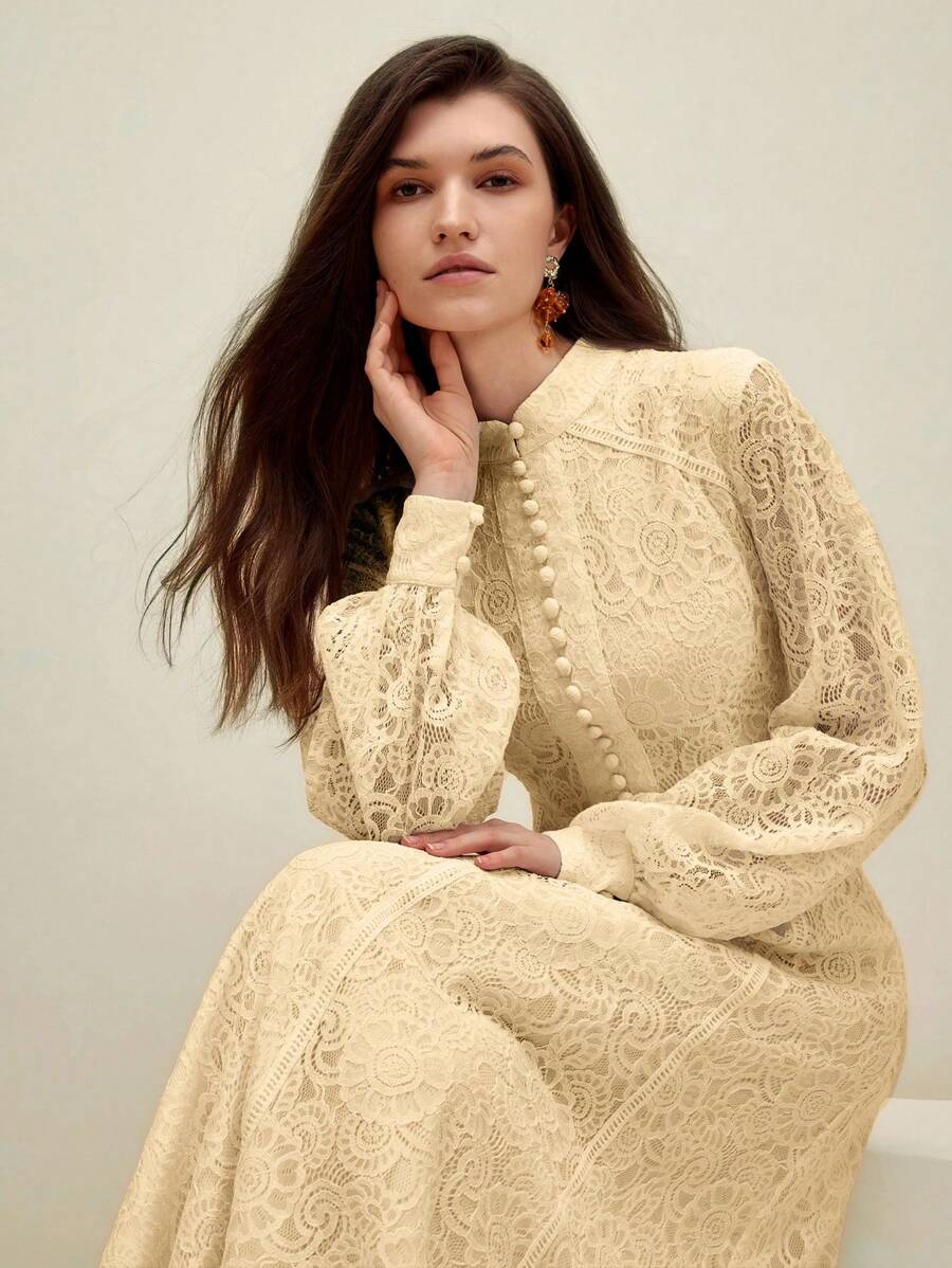 Anewsta Vestido Elegante de Manga Longa de Renda Bordô Máxi para Mulheres, Conjunto de Roupas Brancas de Primavera para Mulheres