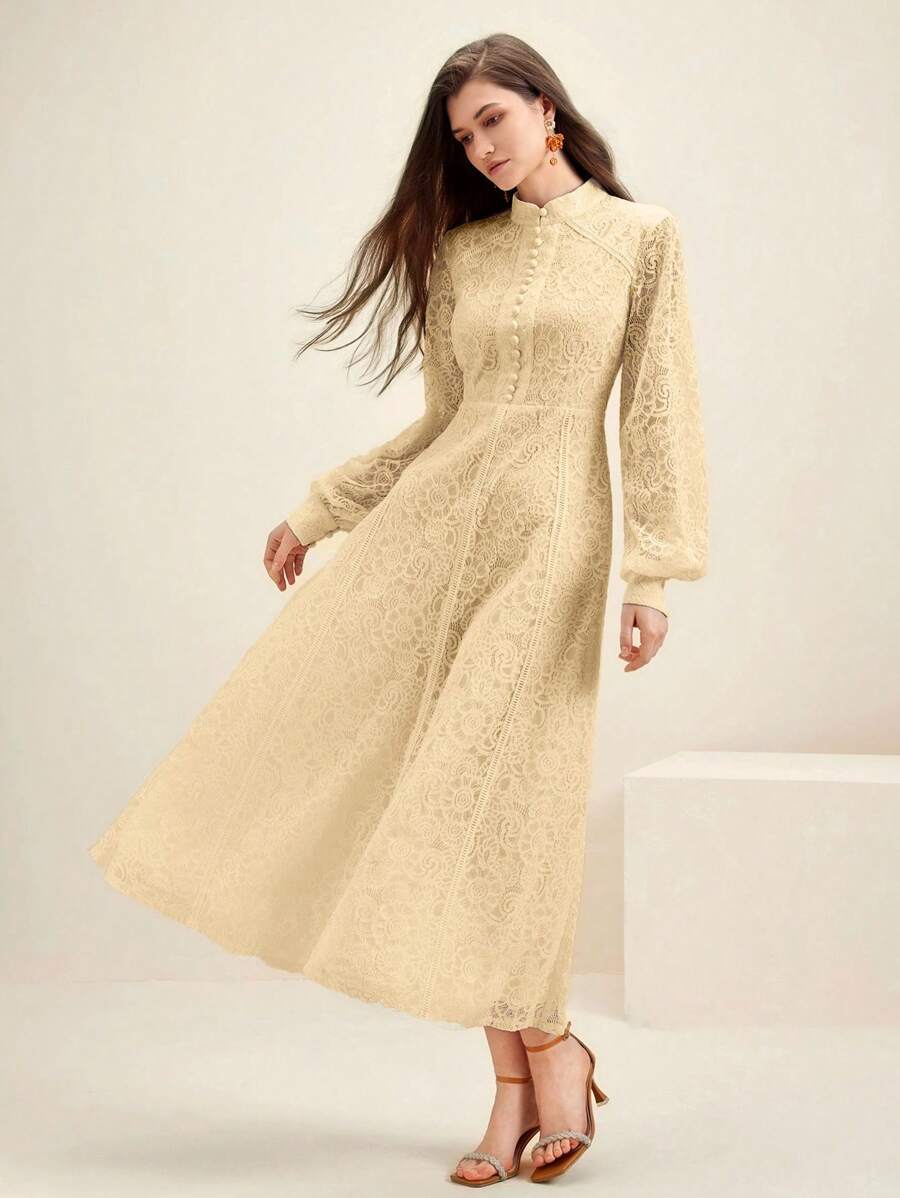 Anewsta Vestido Elegante de Manga Longa de Renda Bordô Máxi para Mulheres, Conjunto de Roupas Brancas de Primavera para Mulheres