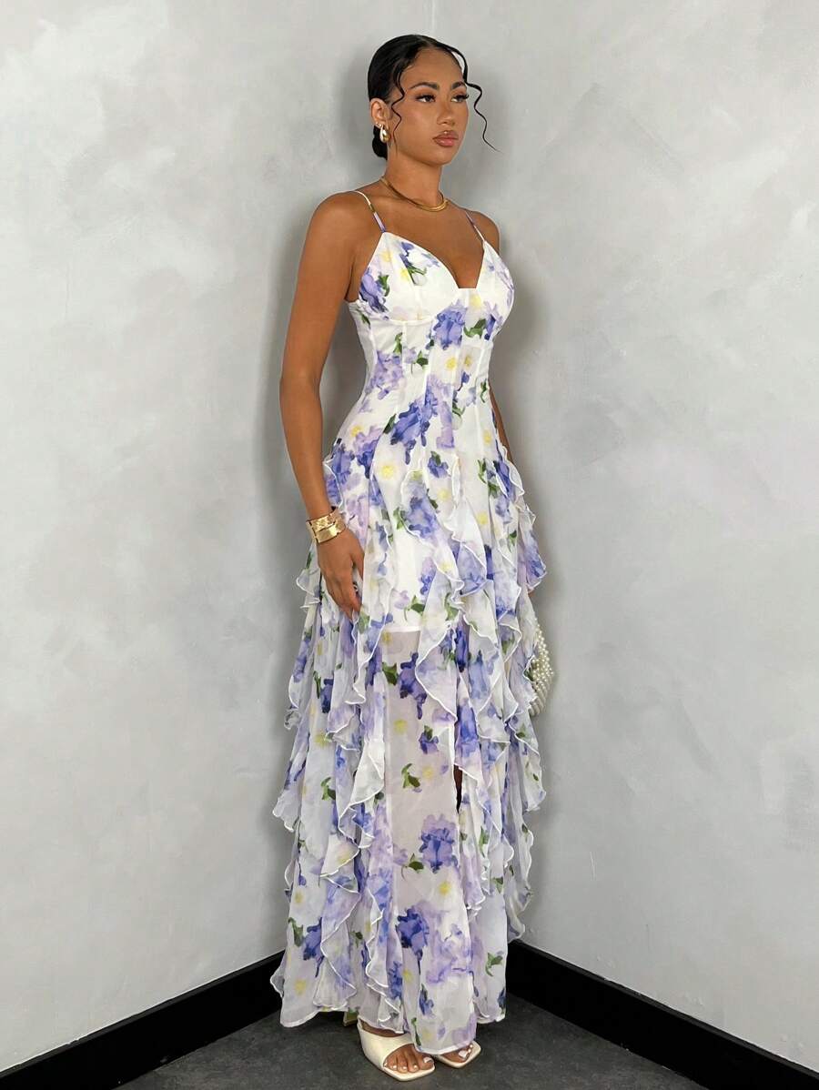 Vestido Maxi Floral com Costas Nuas e Bainha Fenda
