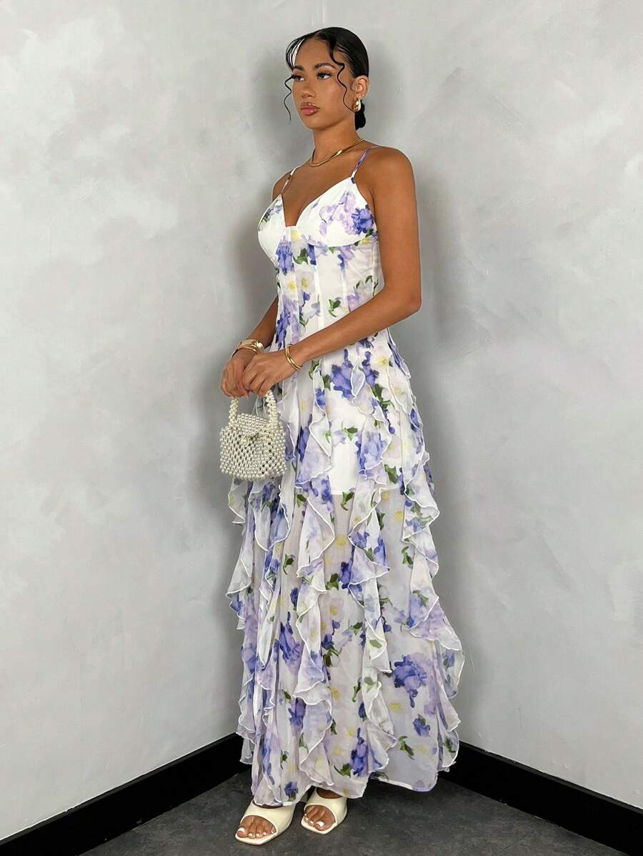 Vestido Maxi Floral com Costas Nuas e Bainha Fenda