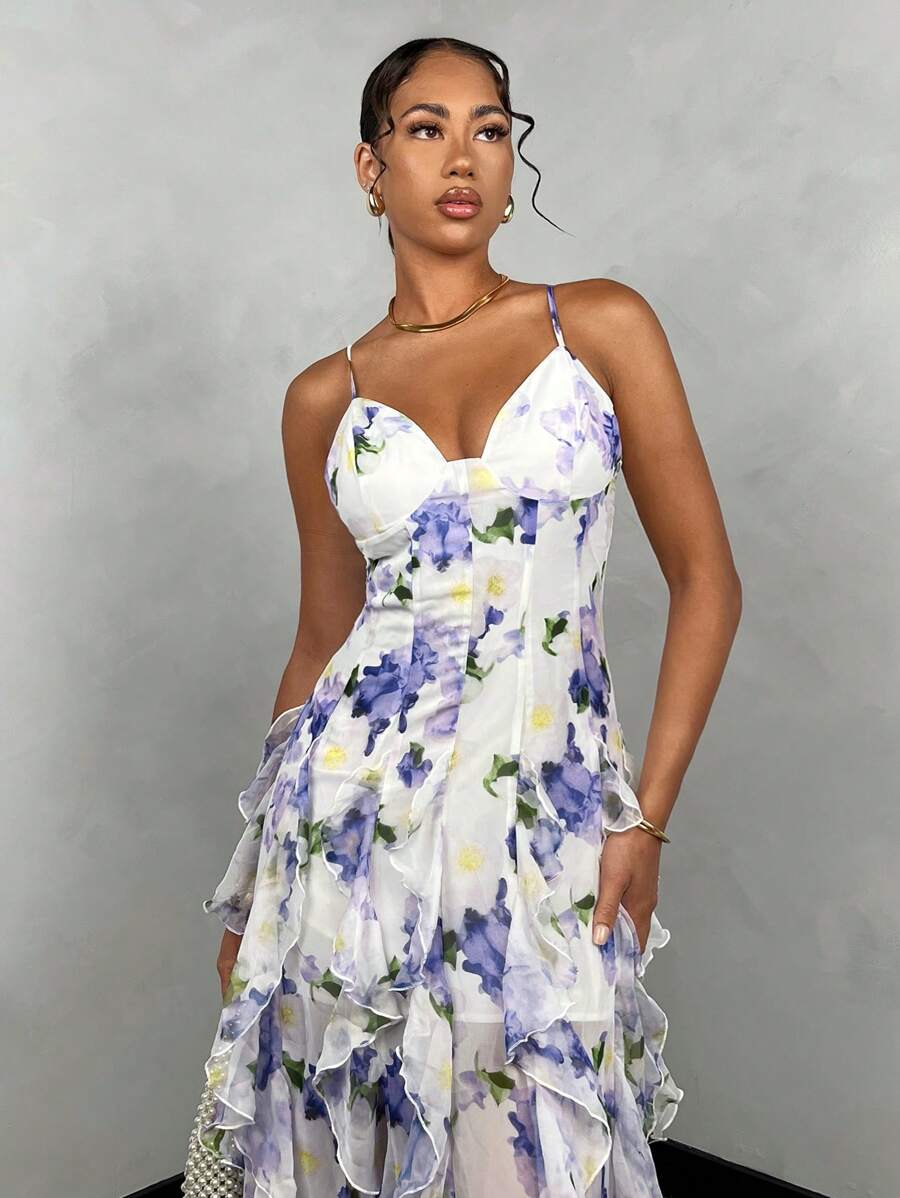 Vestido Maxi Floral com Costas Nuas e Bainha Fenda