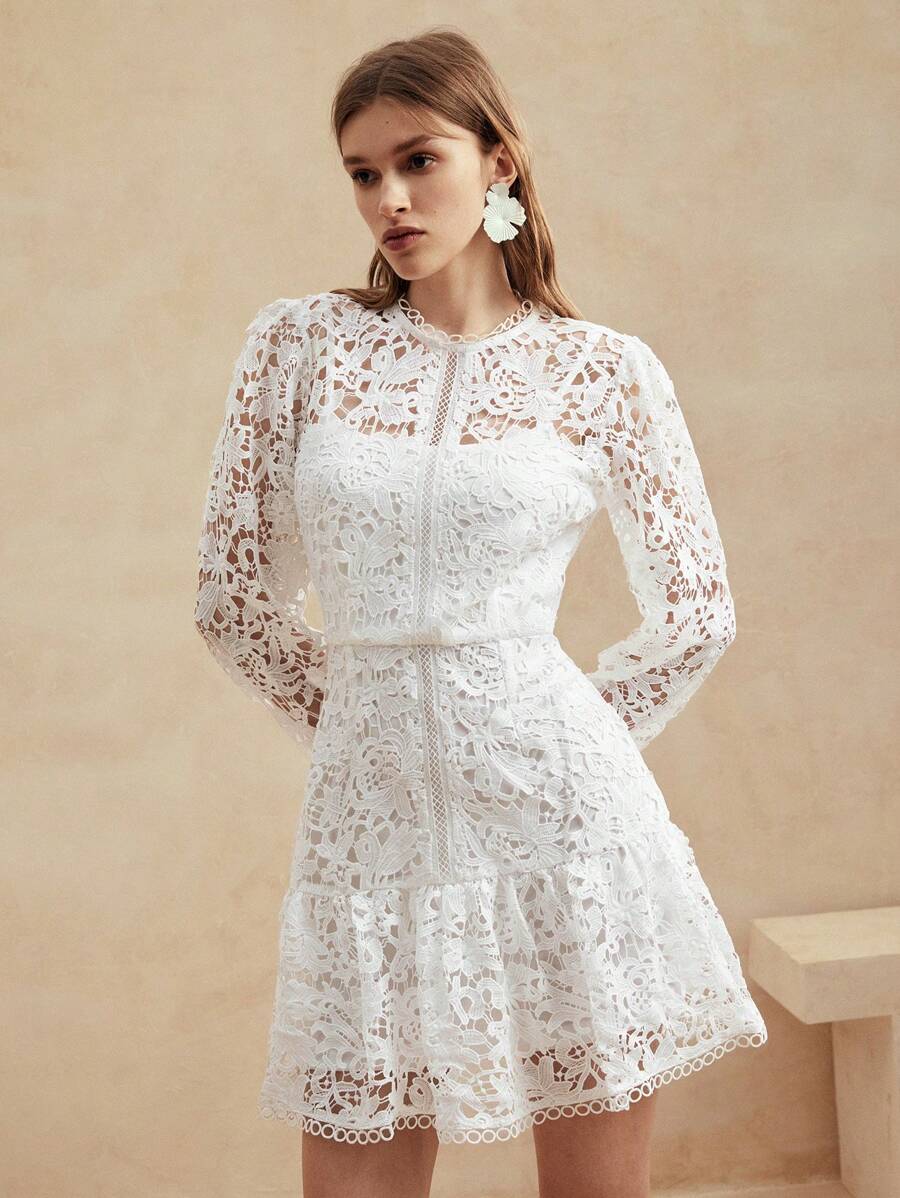 Anewsta Vestido de Manga Longa de Renda Branca Pura Solúvel em Água de Estilo Palaciano Europeu para Roupas de Festa de Férias