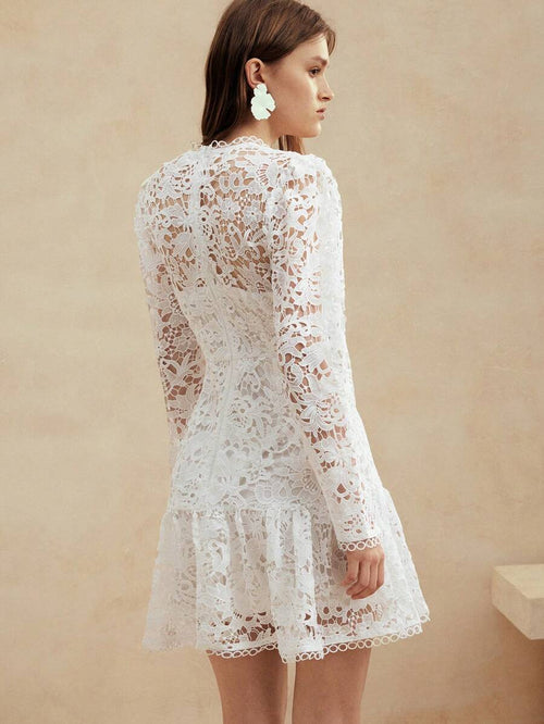 Anewsta Vestido de Manga Longa de Renda Branca Pura Solúvel em Água de Estilo Palaciano Europeu para Roupas de Festa de Férias