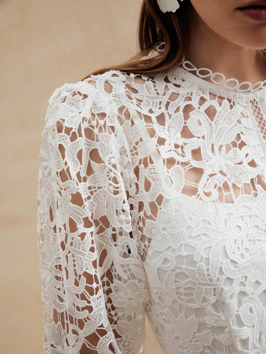 Anewsta Vestido de Manga Longa de Renda Branca Pura Solúvel em Água de Estilo Palaciano Europeu para Roupas de Festa de Férias