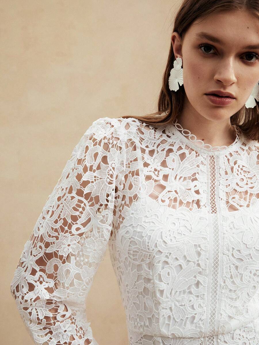 Anewsta Vestido de Manga Longa de Renda Branca Pura Solúvel em Água de Estilo Palaciano Europeu para Roupas de Festa de Férias