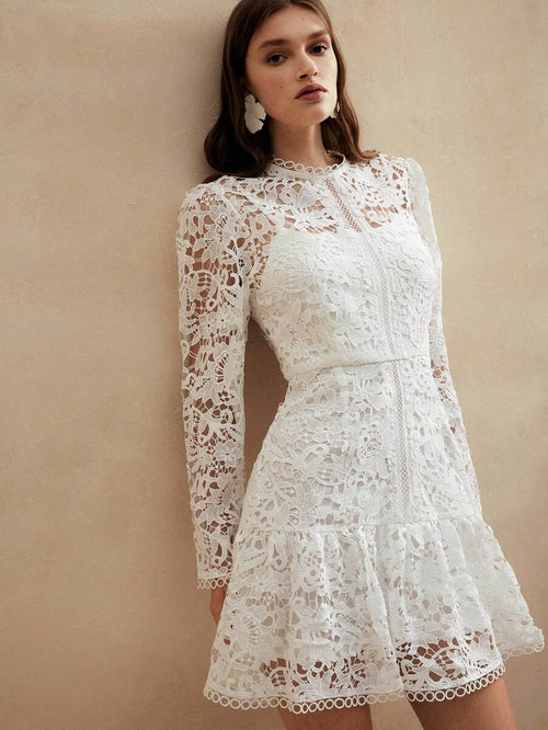 Anewsta Vestido de Manga Longa de Renda Branca Pura Solúvel em Água de Estilo Palaciano Europeu para Roupas de Festa de Férias