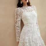 Anewsta Vestido de Manga Longa de Renda Branca Pura Solúvel em Água de Estilo Palaciano Europeu para Roupas de Festa de Férias