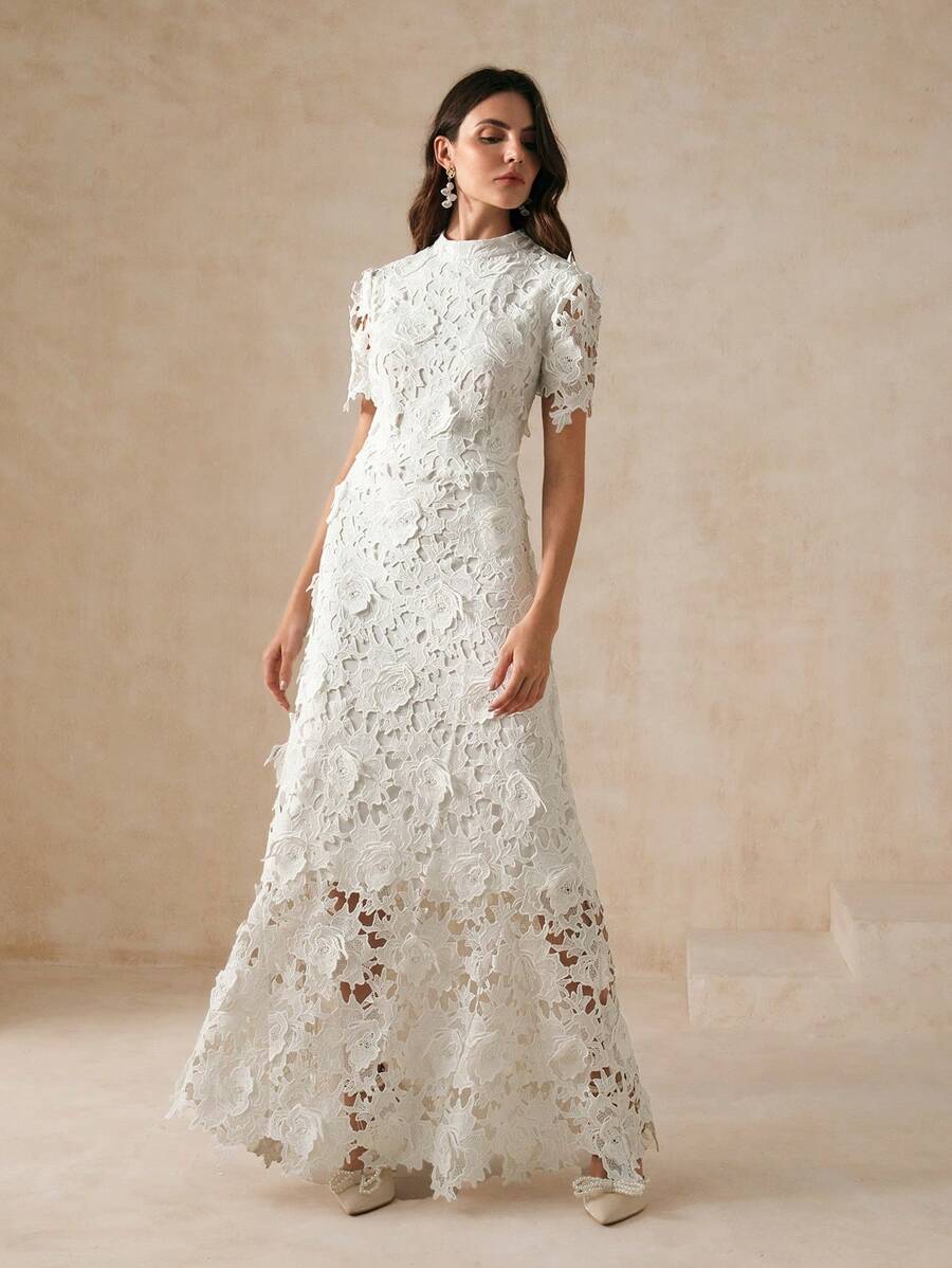 Anewsta Vestido Longo Branco Slim Fit com Acabamento em Renda para Roupa de Festa de Férias, Conjunto de Mulher