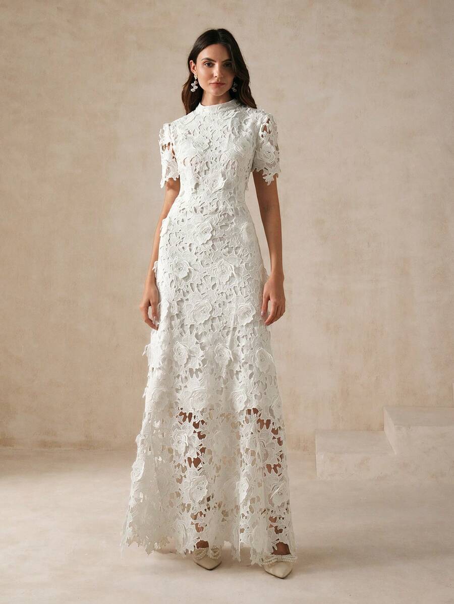 Anewsta Vestido Longo Branco Slim Fit com Acabamento em Renda para Roupa de Festa de Férias, Conjunto de Mulher