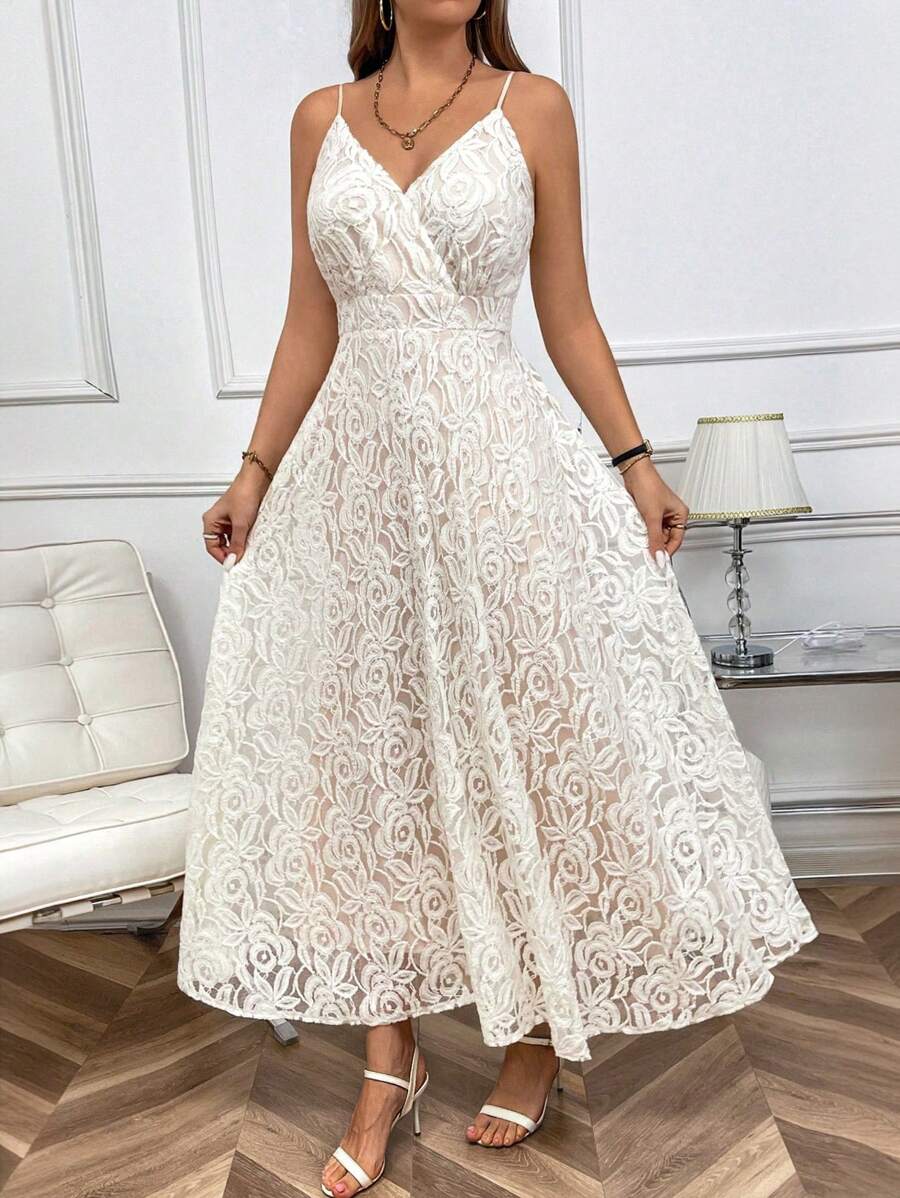 SHEIN Clasi Vestido Longo com Alças de Espaguete Modelo A-Line com Amarração nas Costas e Cintura Marcada para Mulheres