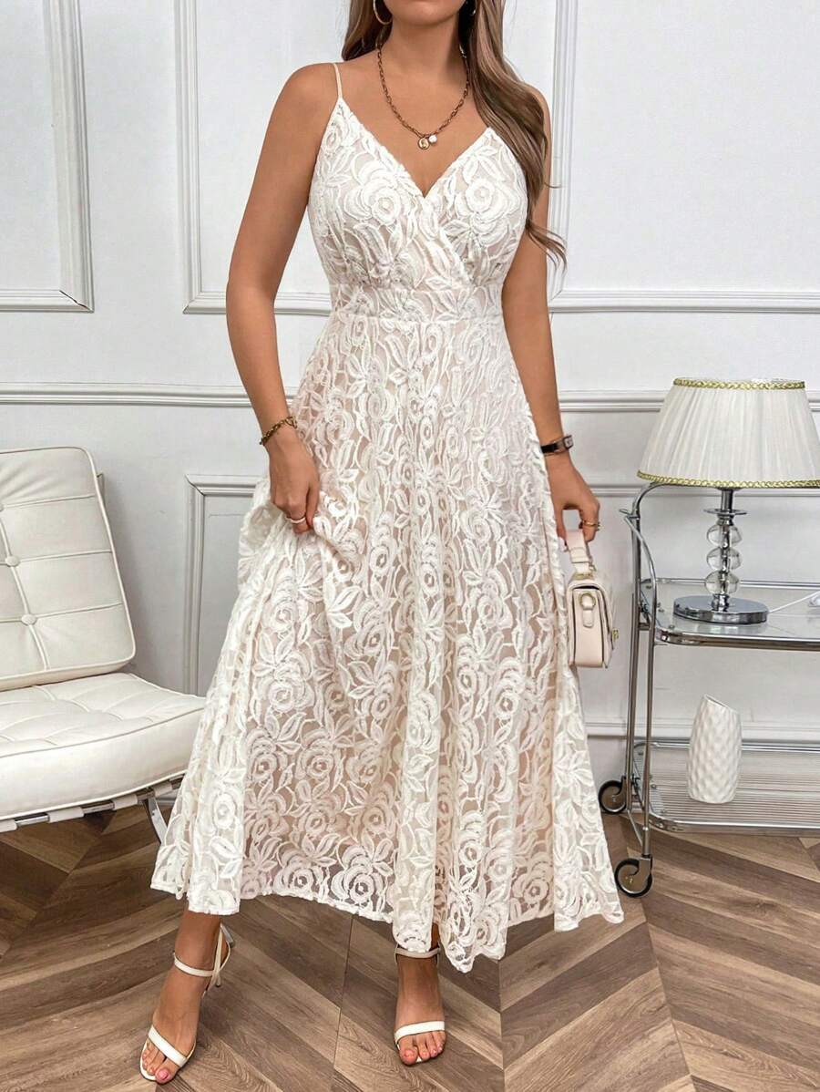 SHEIN Clasi Vestido Longo com Alças de Espaguete Modelo A-Line com Amarração nas Costas e Cintura Marcada para Mulheres