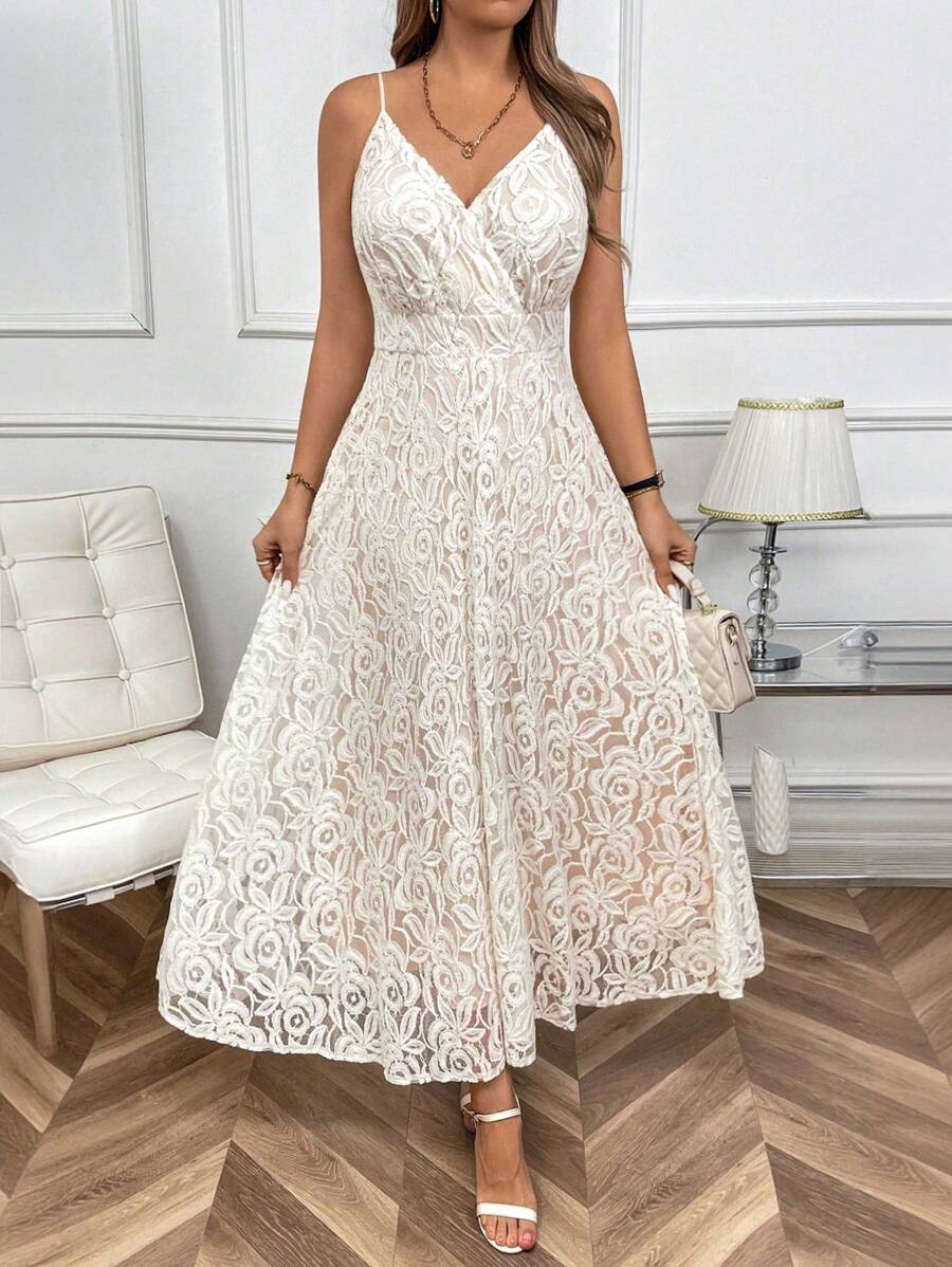 SHEIN Clasi Vestido Longo com Alças de Espaguete Modelo A-Line com Amarração nas Costas e Cintura Marcada para Mulheres