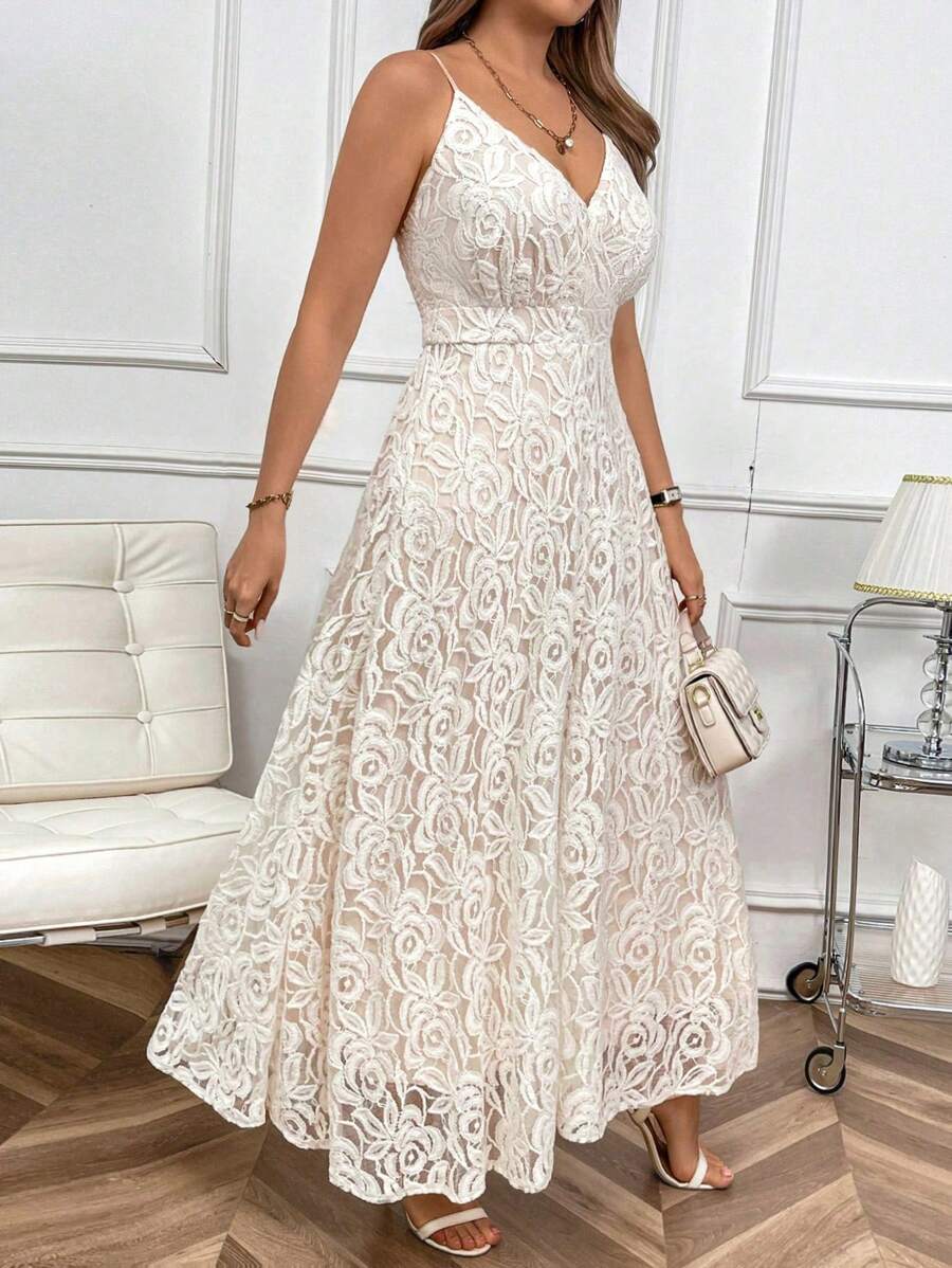 SHEIN Clasi Vestido Longo com Alças de Espaguete Modelo A-Line com Amarração nas Costas e Cintura Marcada para Mulheres