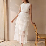 MOTF PREMIUM VESTIDO LONGO FEMININO COM SOBREPOSIÇÃO DE TULE, BARRADO COM RENDA E BABADOS EM CAMADAS