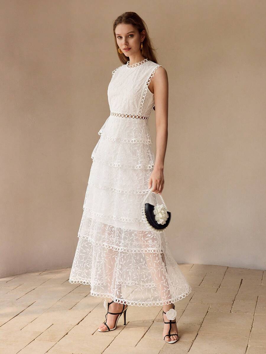 MOTF PREMIUM VESTIDO LONGO FEMININO COM SOBREPOSIÇÃO DE TULE, BARRADO COM RENDA E BABADOS EM CAMADAS