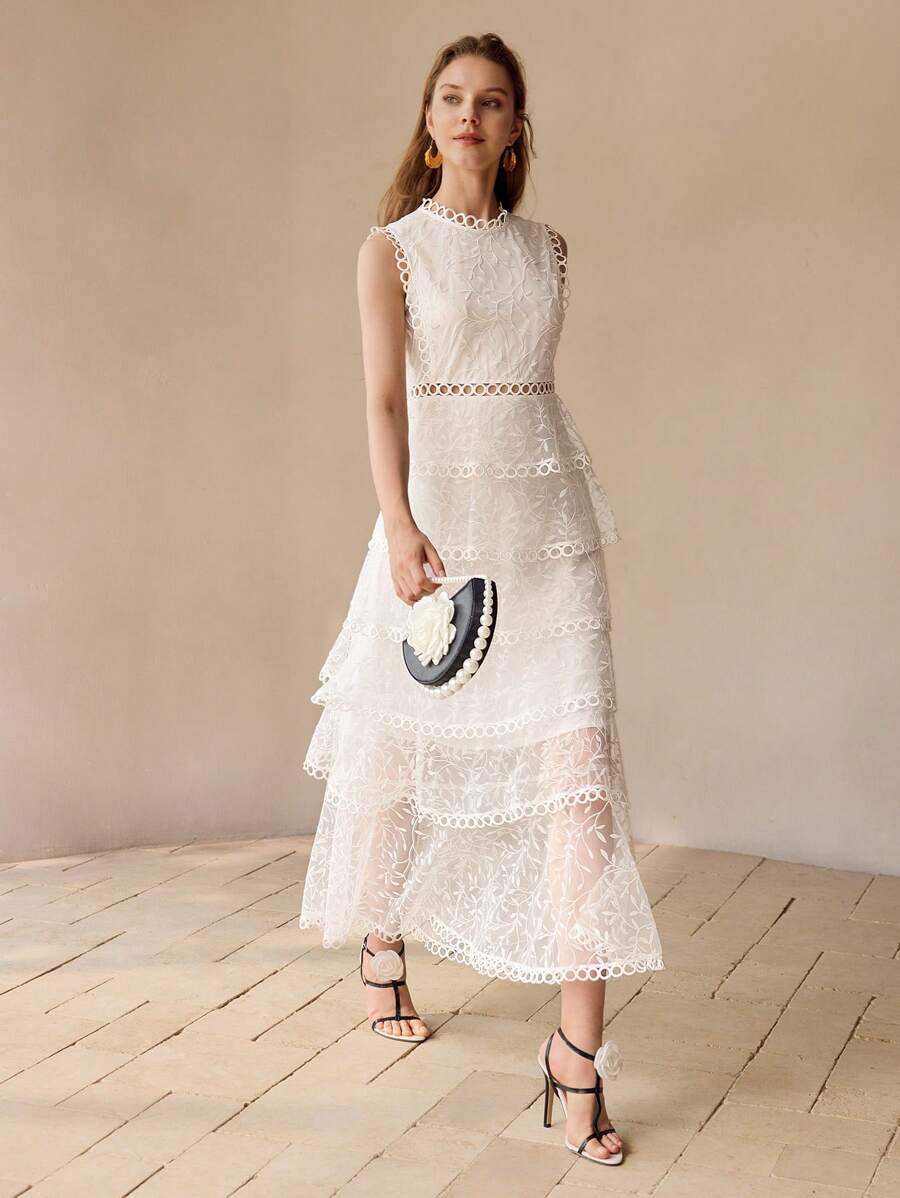 MOTF PREMIUM VESTIDO LONGO FEMININO COM SOBREPOSIÇÃO DE TULE, BARRADO COM RENDA E BABADOS EM CAMADAS