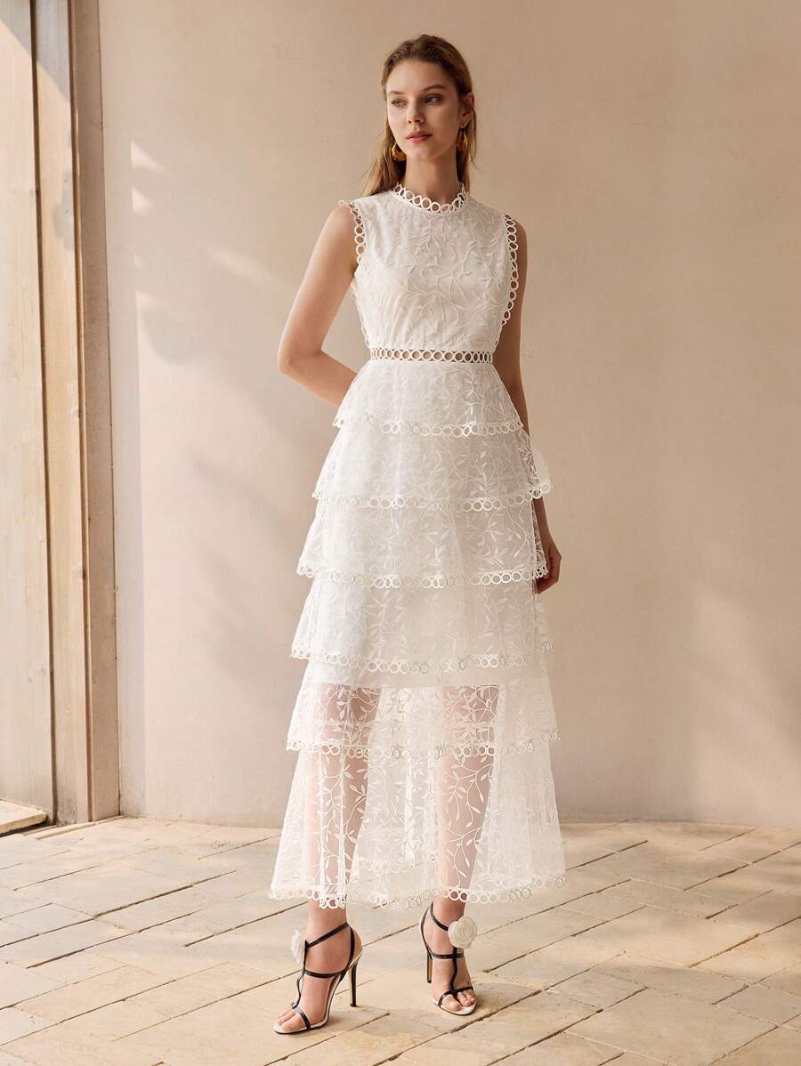 MOTF PREMIUM VESTIDO LONGO FEMININO COM SOBREPOSIÇÃO DE TULE, BARRADO COM RENDA E BABADOS EM CAMADAS