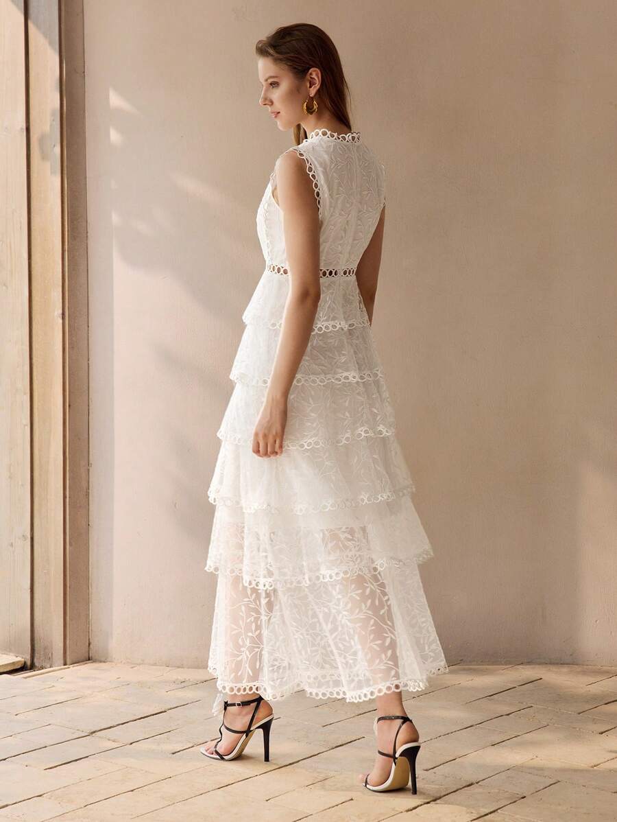 MOTF PREMIUM VESTIDO LONGO FEMININO COM SOBREPOSIÇÃO DE TULE, BARRADO COM RENDA E BABADOS EM CAMADAS