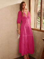 Anewsta Vestido Longo Elegante Bordado em Renda com Fenda e Decote em V, Perfeito para Férias, Ano Novo, Dia dos Namorados, Praia de Verão