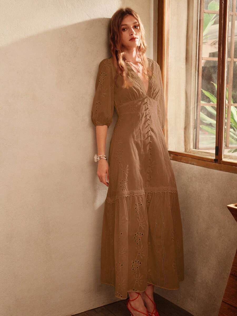 Anewsta Vestido Longo Elegante Bordado em Renda com Fenda e Decote em V, Perfeito para Férias, Ano Novo, Dia dos Namorados, Praia de Verão