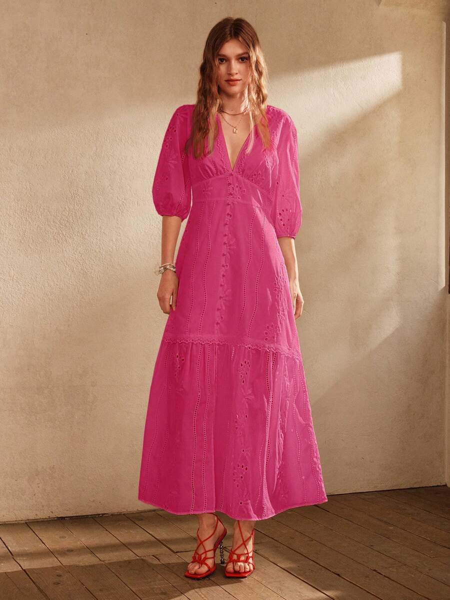 Anewsta Vestido Longo Elegante Bordado em Renda com Fenda e Decote em V, Perfeito para Férias, Ano Novo, Dia dos Namorados, Praia de Verão