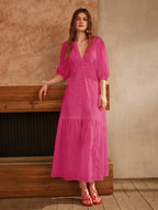 Anewsta Vestido Longo Elegante Bordado em Renda com Fenda e Decote em V, Perfeito para Férias, Ano Novo, Dia dos Namorados, Praia de Verão