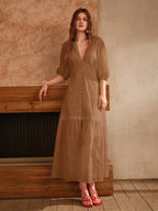 Anewsta Vestido Longo Elegante Bordado em Renda com Fenda e Decote em V, Perfeito para Férias, Ano Novo, Dia dos Namorados, Praia de Verão