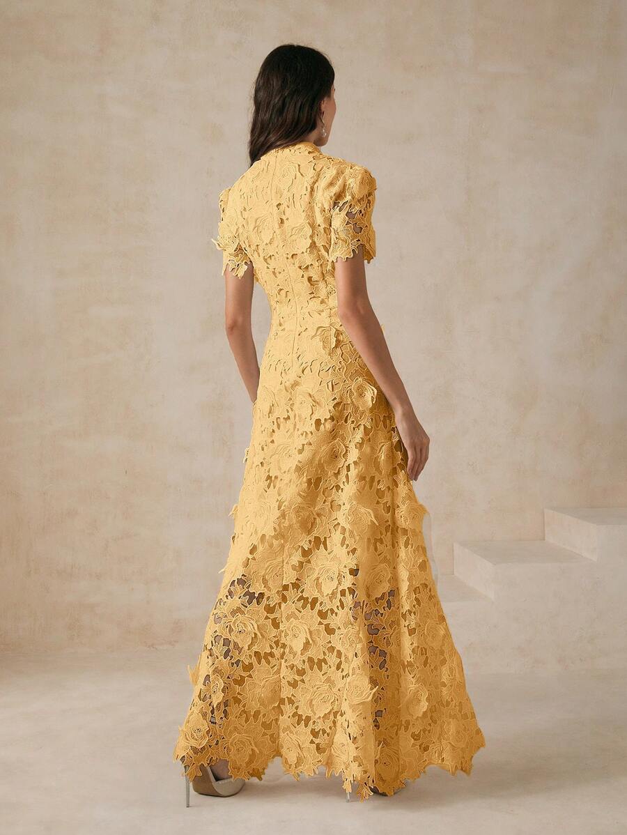 Anewsta Vestido Curto Elegante e Ajustado Feminino com Manga Curta, Cintura Marcada e Renda Solúvel em Água, Vestido Longo Feminino