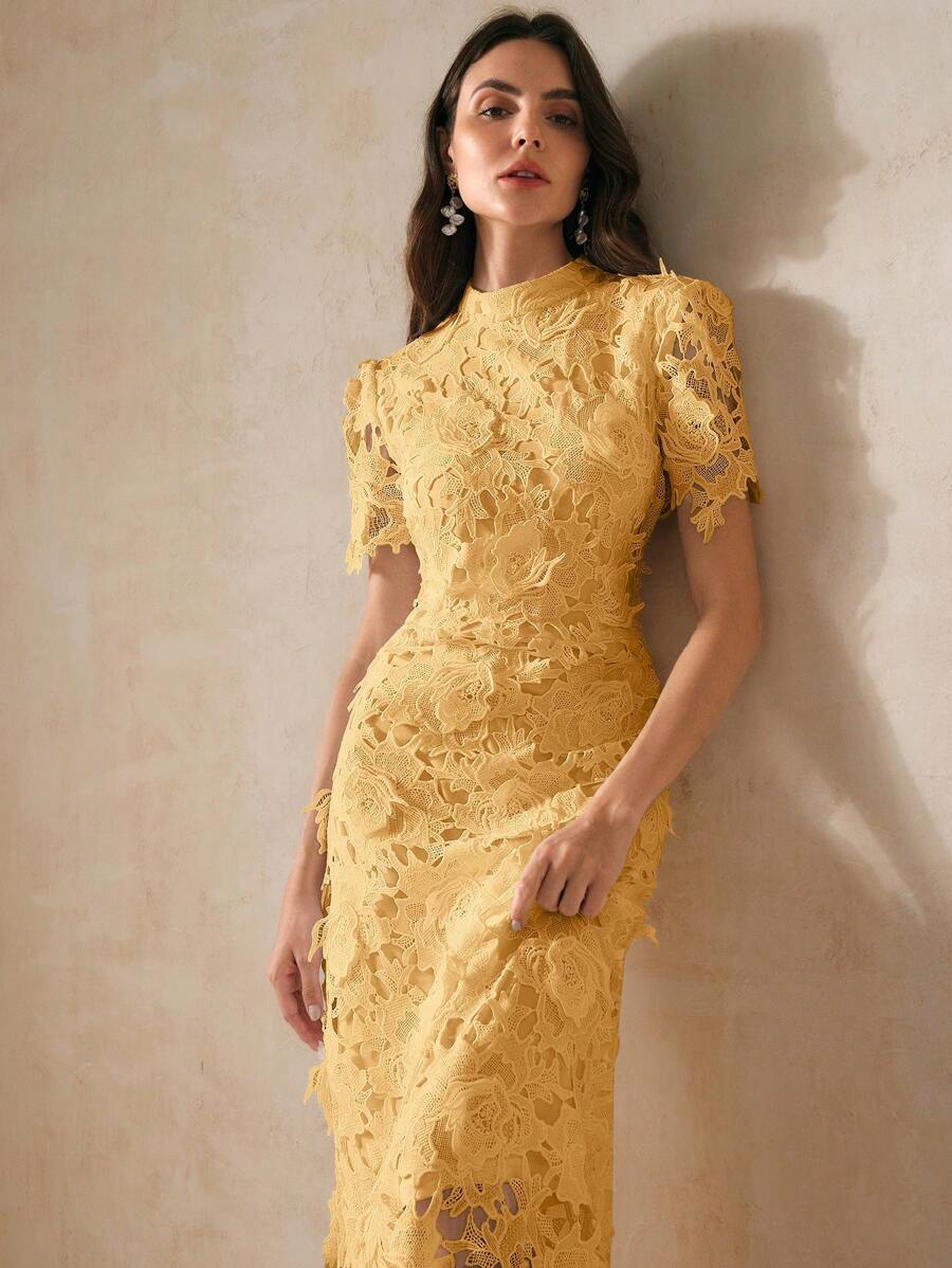 Anewsta Vestido Curto Elegante e Ajustado Feminino com Manga Curta, Cintura Marcada e Renda Solúvel em Água, Vestido Longo Feminino